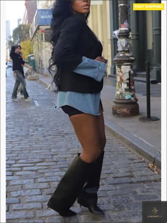 Denim Patchwork Blazer Slim Fit Business Casual Long Sleeve Lapel Jacket - Picture 6 of 7